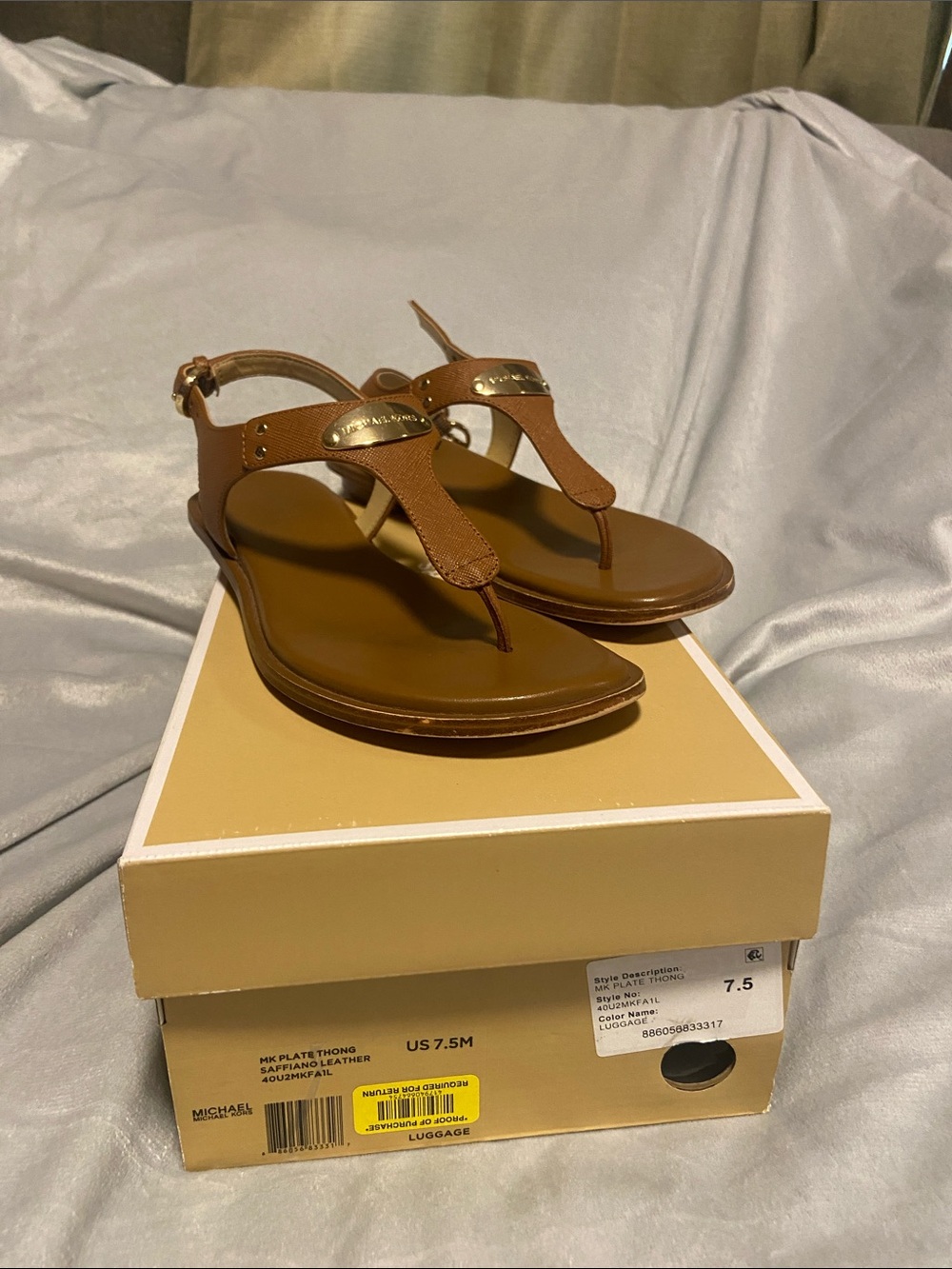 Michael Kors Tan Leather T-Strap Thong Sandals with Gold Logo